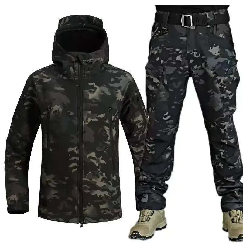 Shark Skin Warm Jackets Pants Set Men Camo Autumn Winter Coat Soft Shell