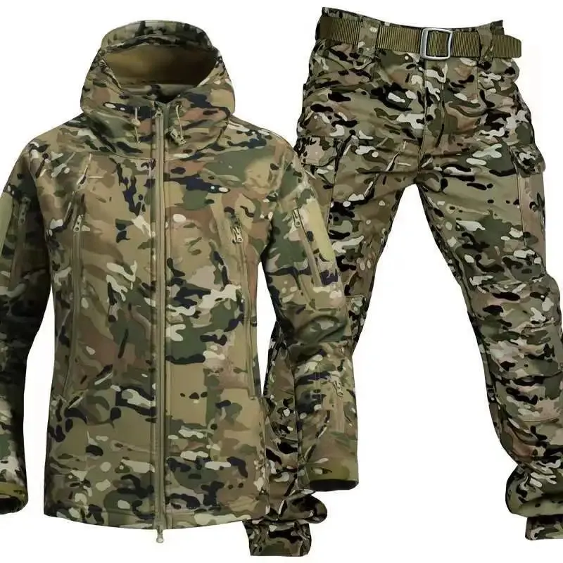 Shark Skin Warm Jackets Pants Set Men Camo Autumn Winter Coat Soft Shell