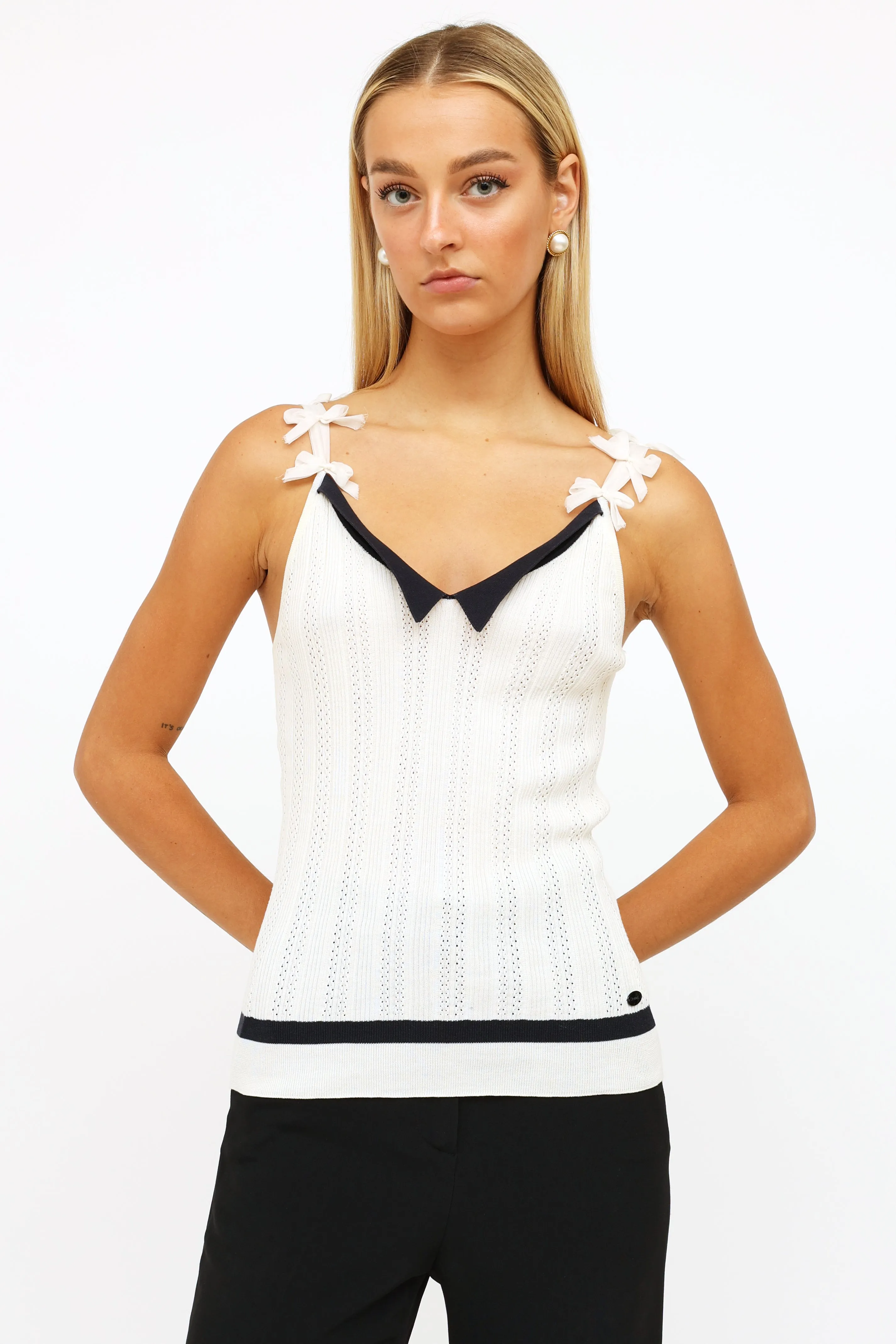 Spring 2006 White & Navy Bow Strap Tank Top