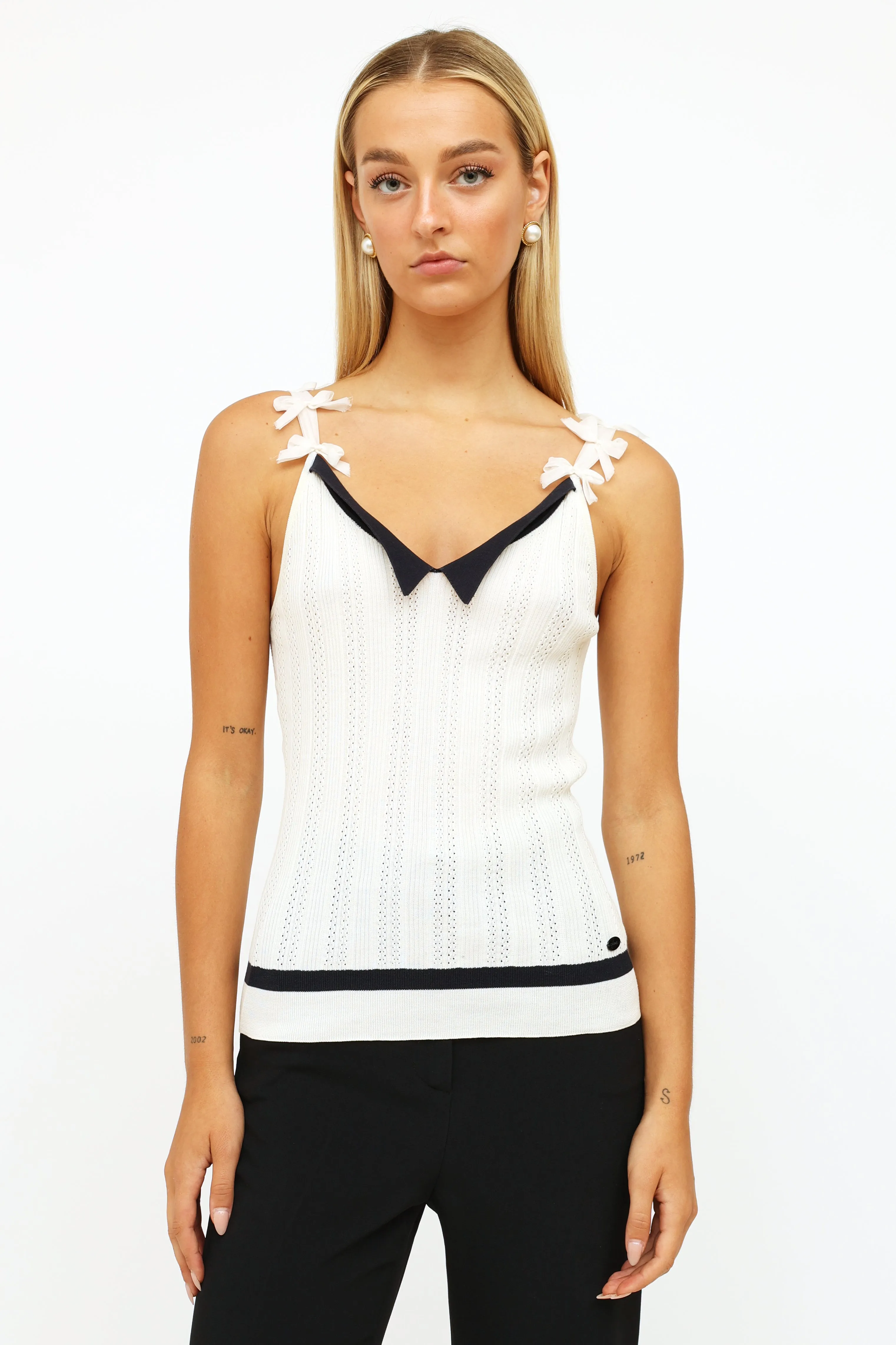 Spring 2006 White & Navy Bow Strap Tank Top