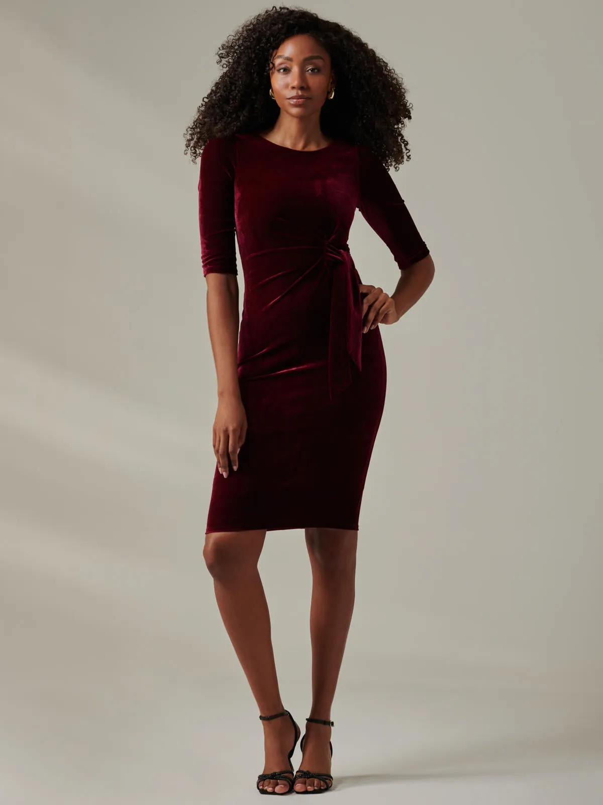 Velvet Side Tie Midi Dress, Burgundy