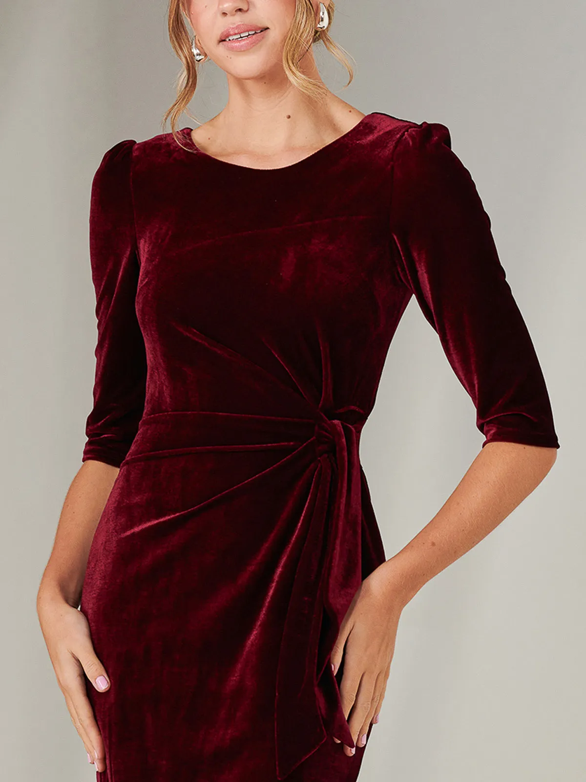 Velvet Side Tie Midi Dress, Burgundy