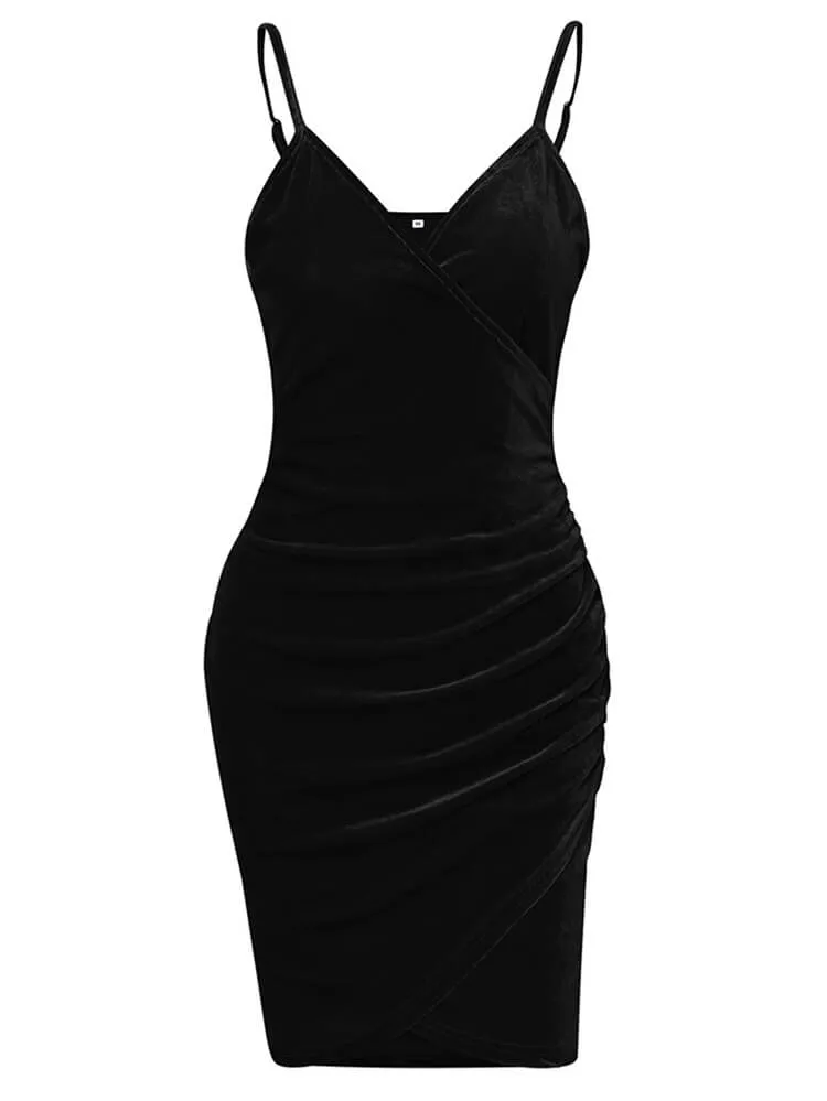 Velvet Spaghetti Strap Ruched Bodycon Mini Dresses