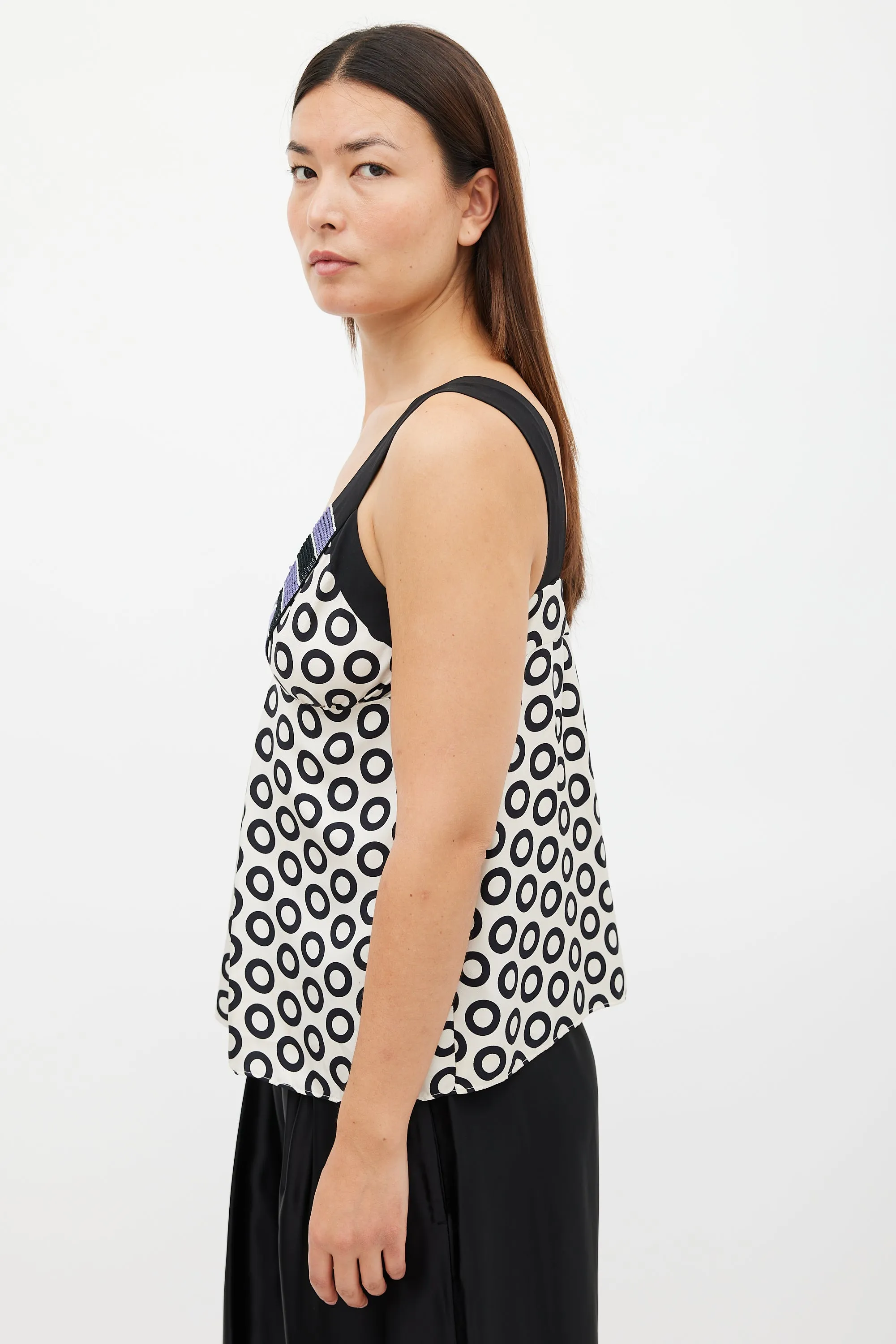 White & Black Silk Embellished Printed Top