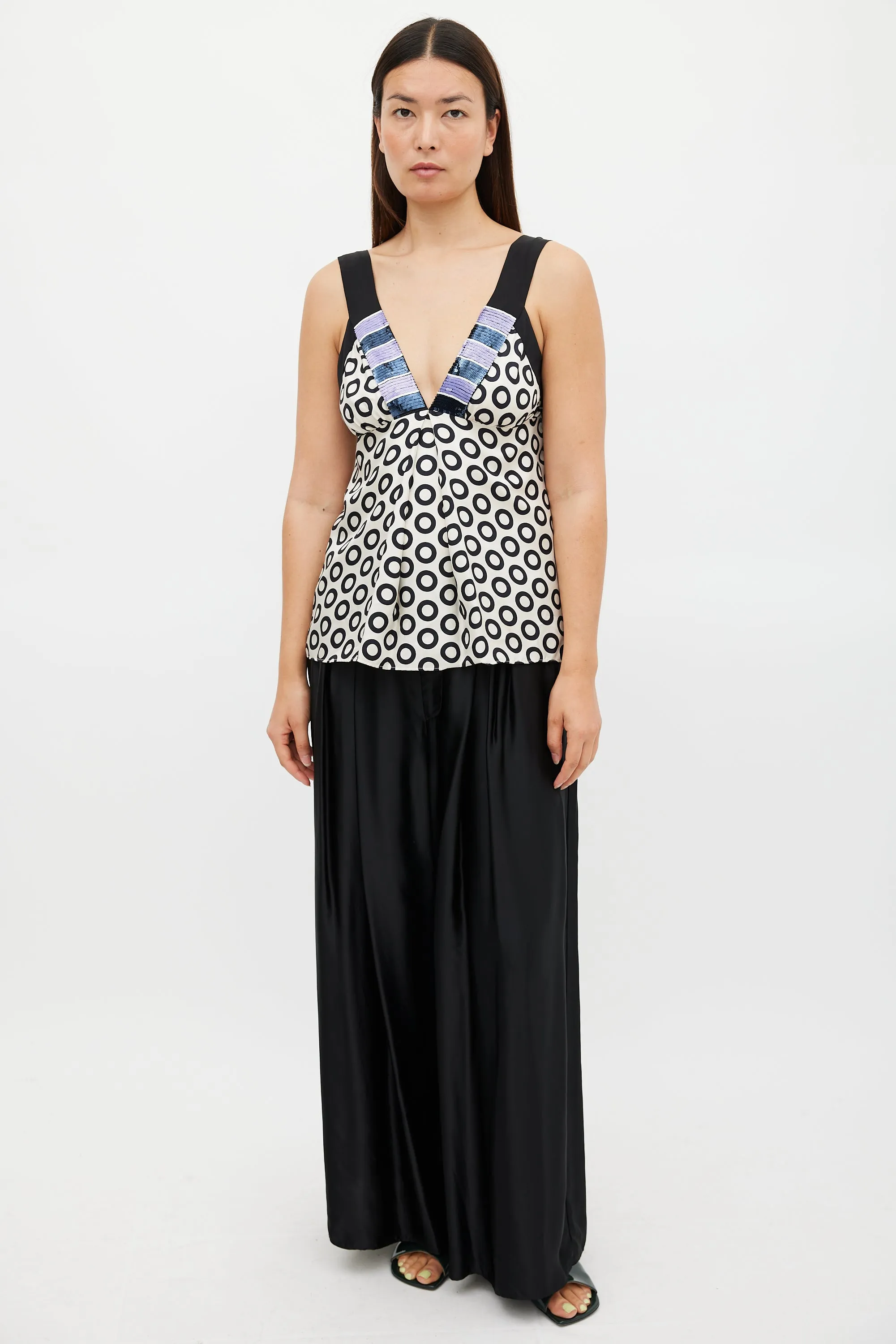 White & Black Silk Embellished Printed Top